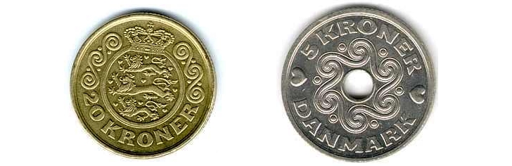 20 Dansish kroner coin - and 5 kroner coin